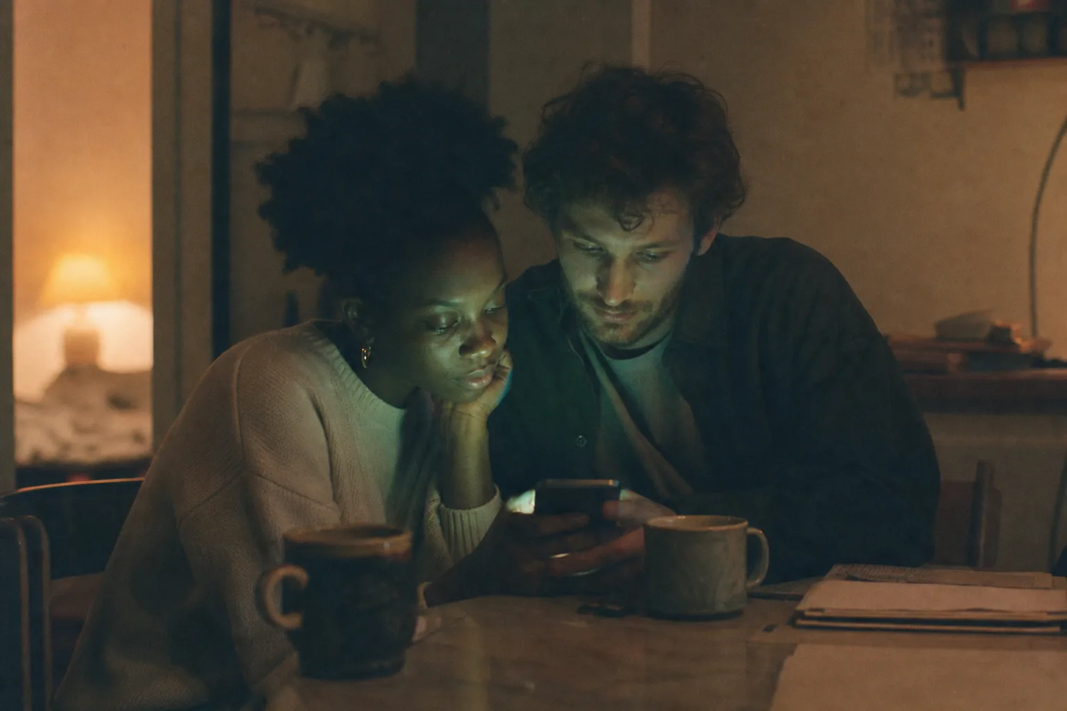 A couple checking their finances at night